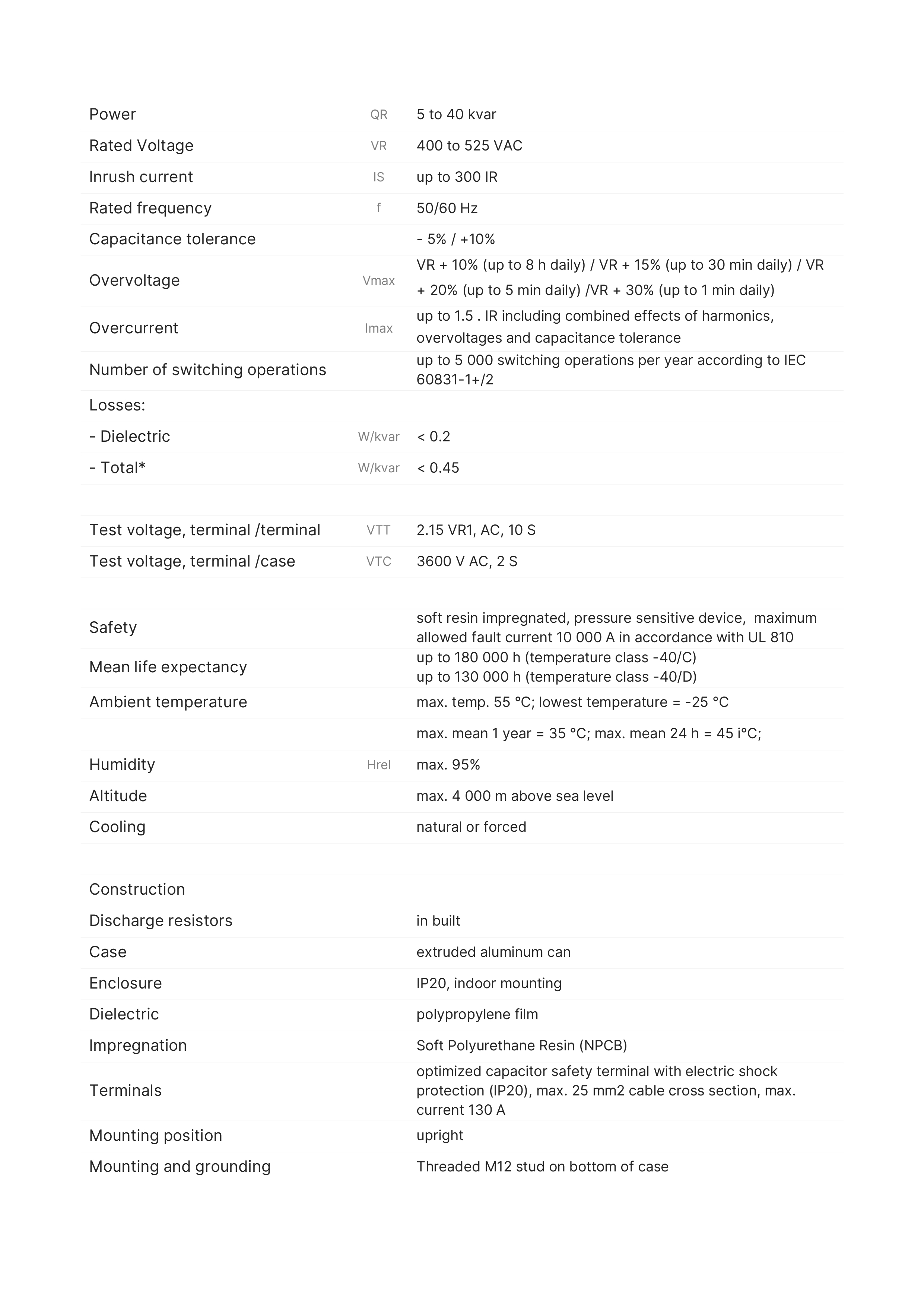 Ultra heavy duty technical specfication tables
