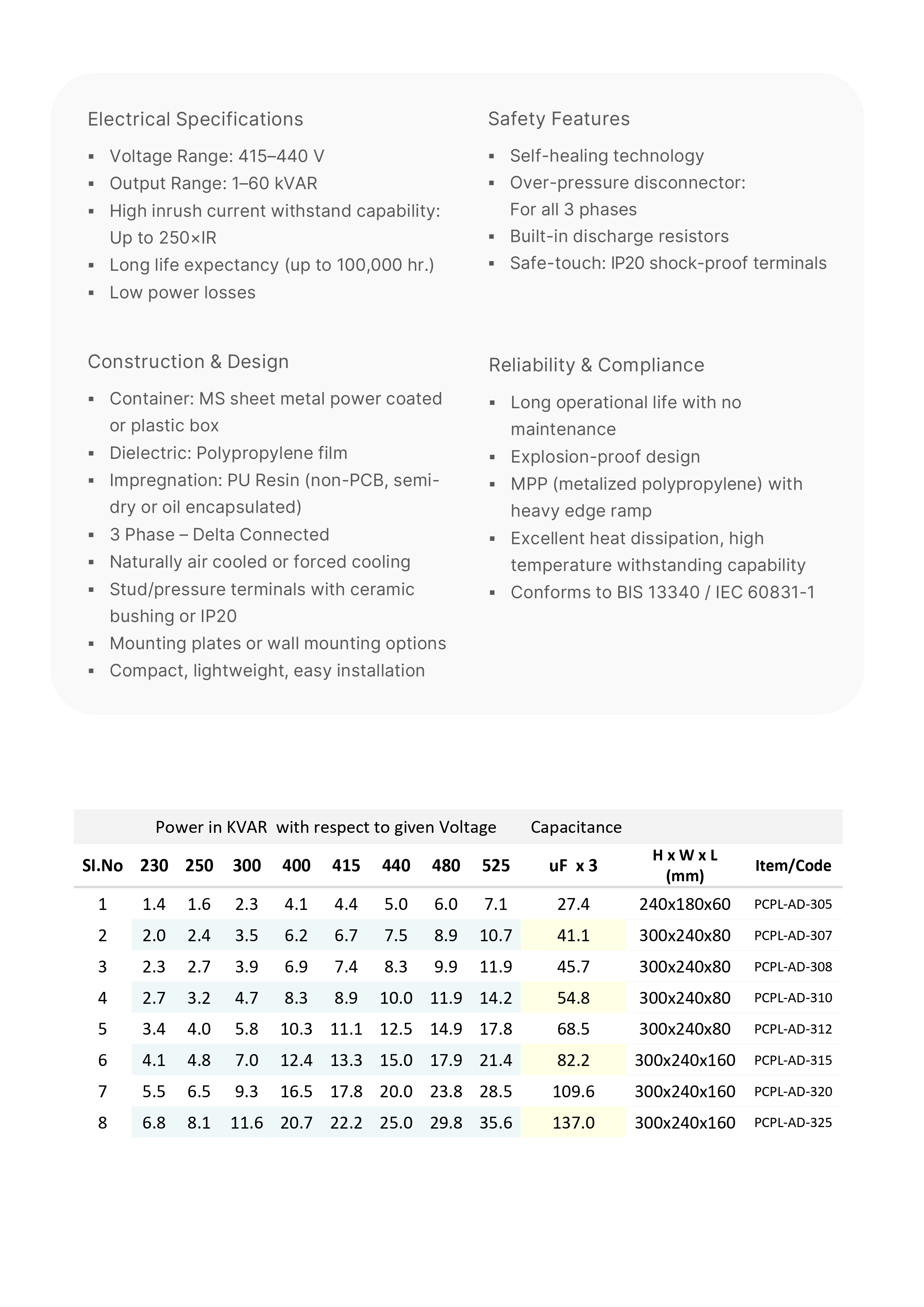  PCORP Agri Duty capacitors specification and features with dimension table Long life up to 100000 hours low power loss high inrush current up to 250x Up to 60 kvar Self filling technology non pcbs semi dry polypropylene film Mpp technology with excellent heat dissipation