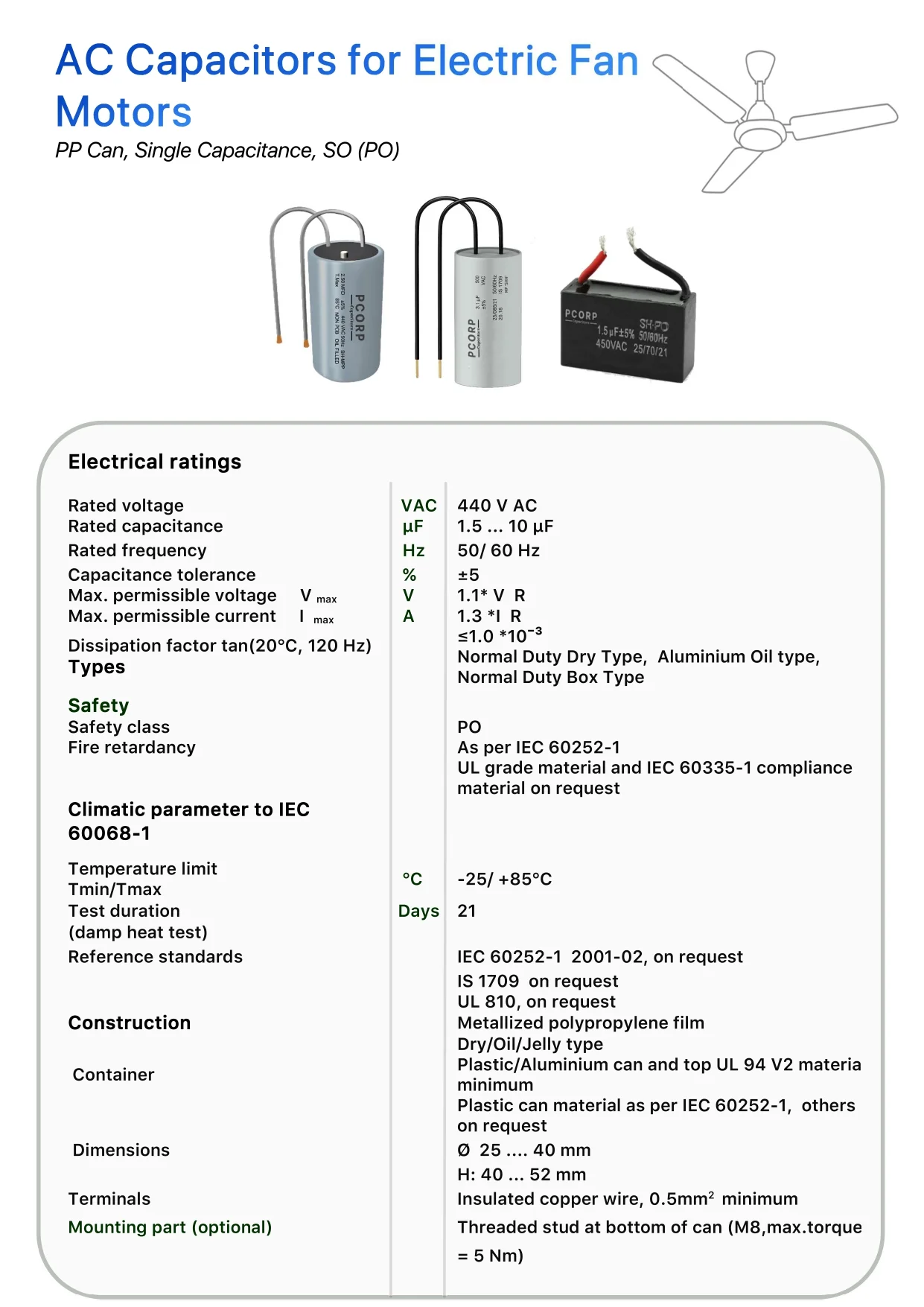  Fan capacitors product image with specifications and data included
