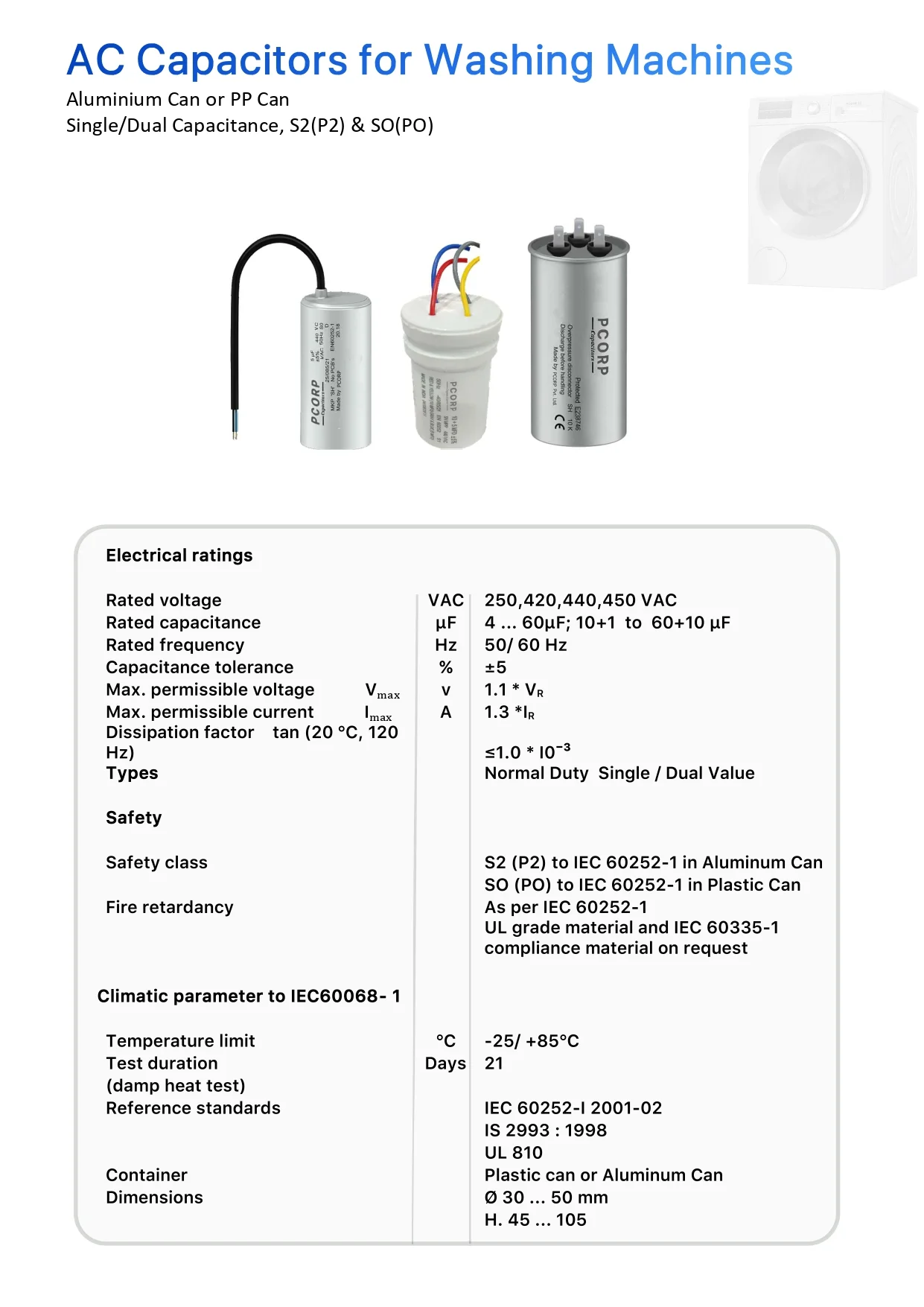 Washing machine capacitors product image with specifications and data included
