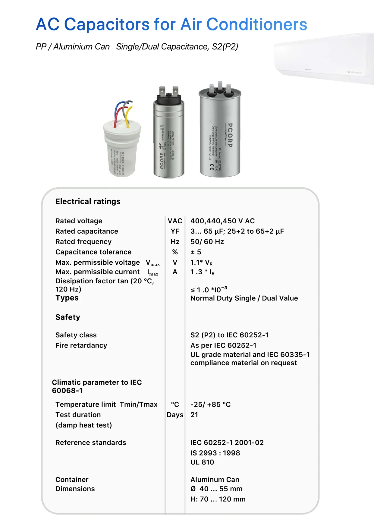 air conditioner (ac) capacitors product image with specifications and data included