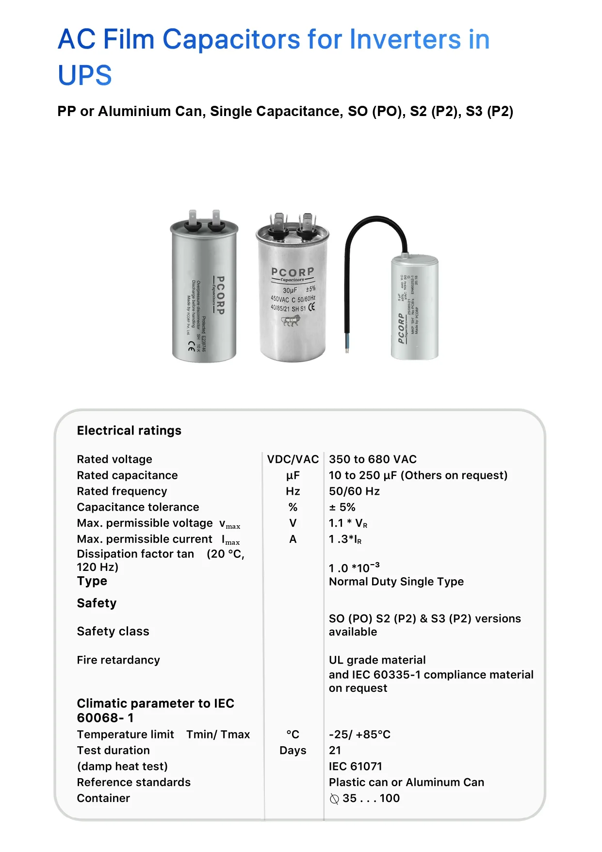 inverter and ups capacitors product image with specifications and data included
