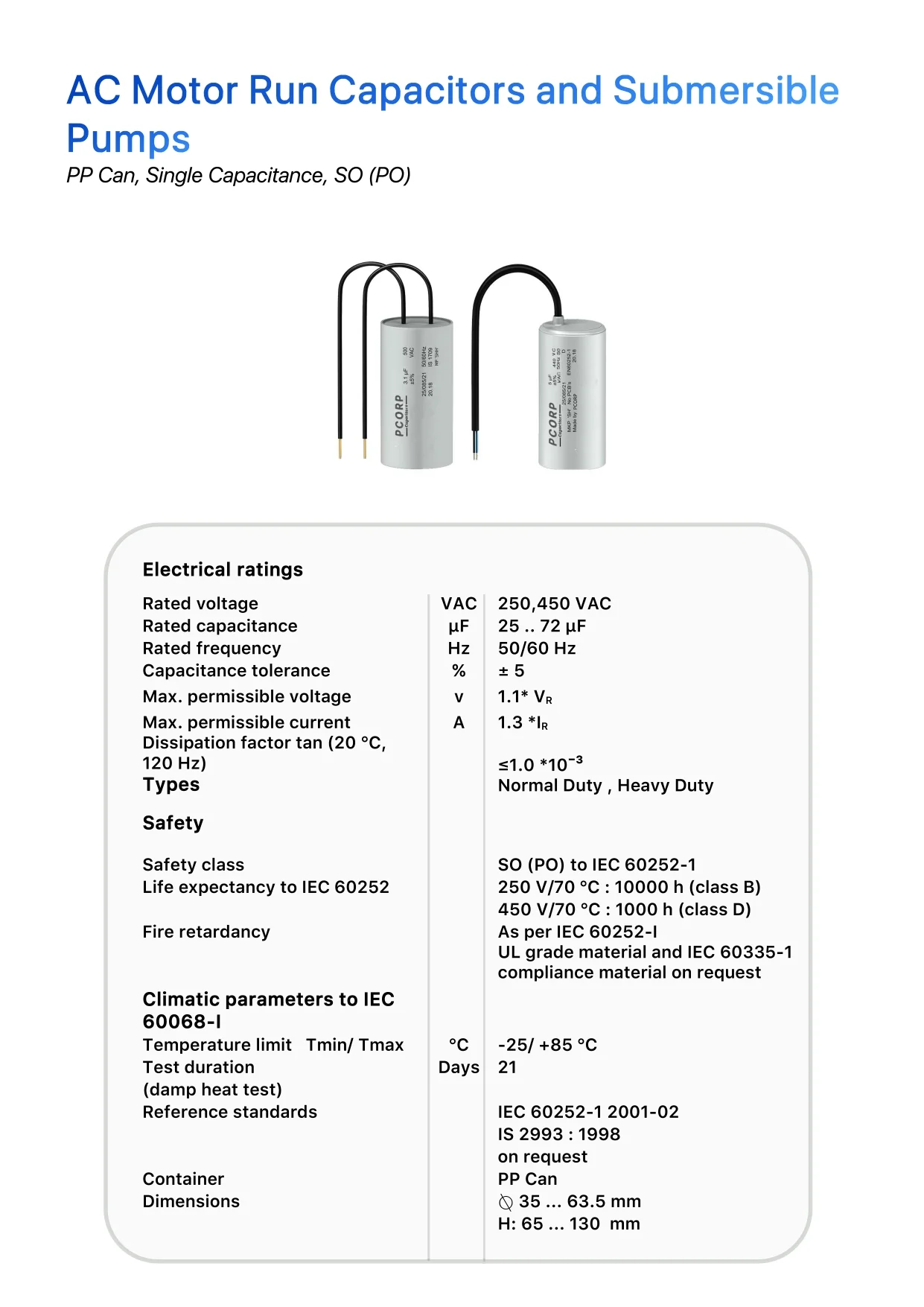 submersible pumps capacitors product image with specifications and data included