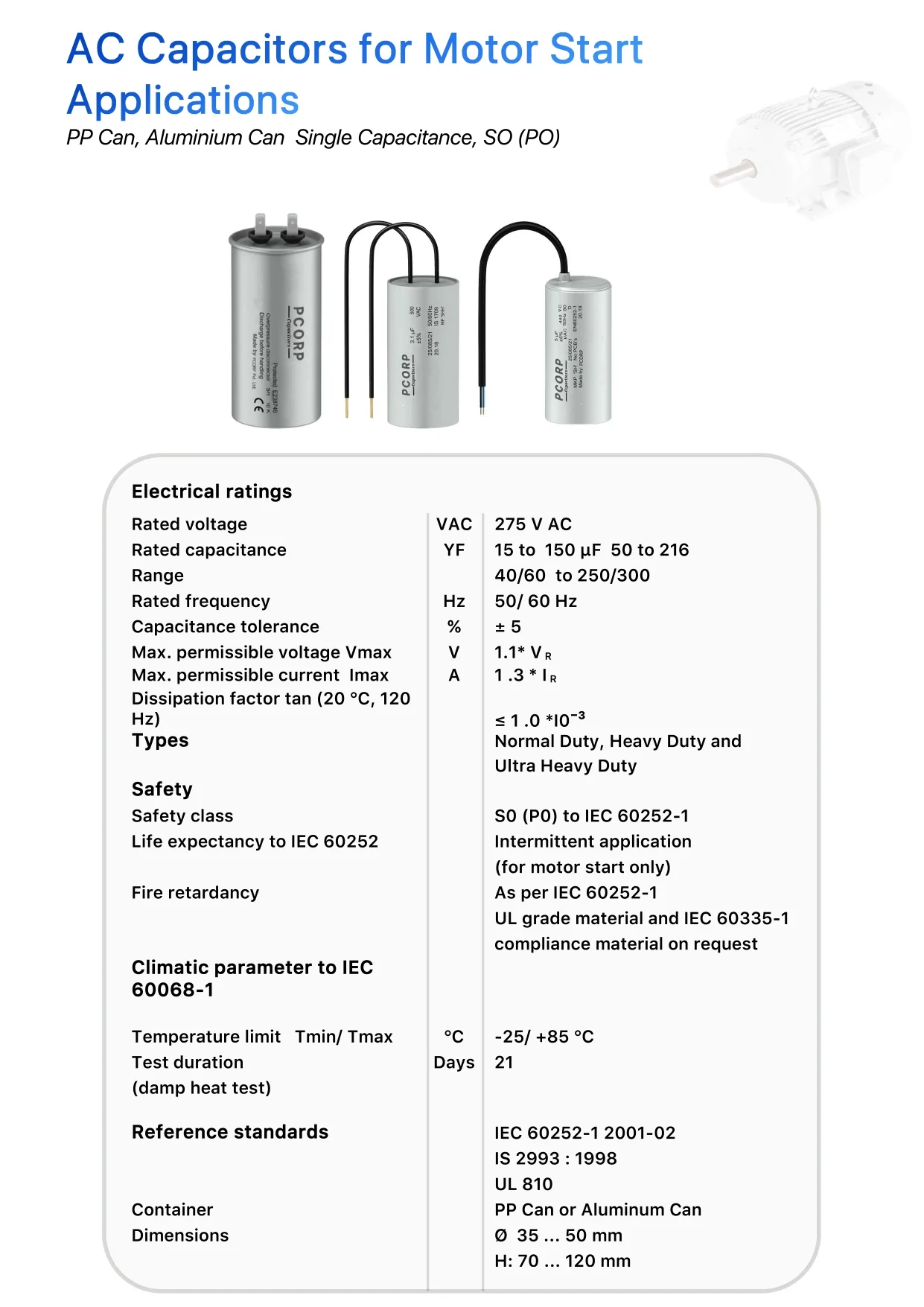 Motor start and motor run capacitors product image with specifications and data