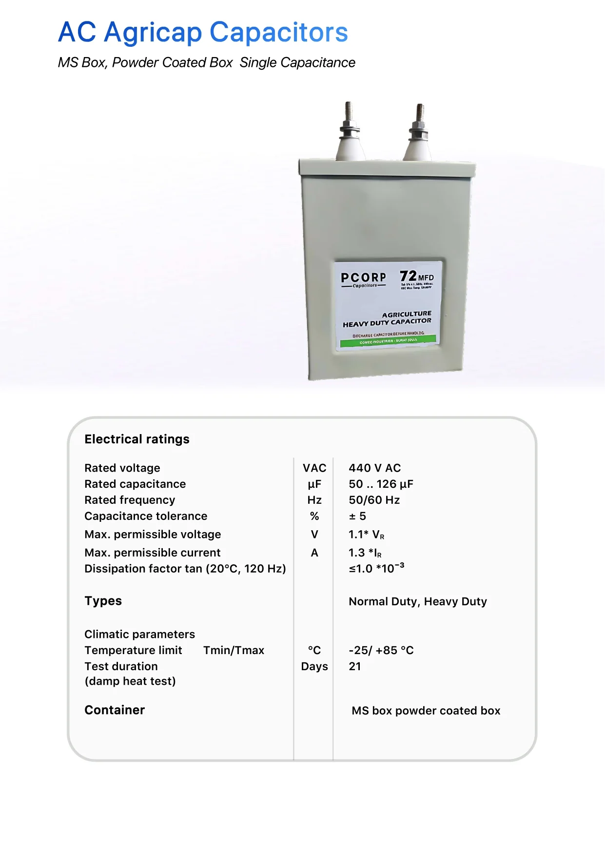capacitors used in agriculture applications like pumps etc. product image with specifications and data included